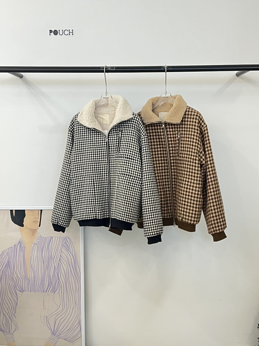 POUCH韓國直郵㊣女裝新品推薦真品熱賣時尚職業25秋冬夾克格子POUCH夾克