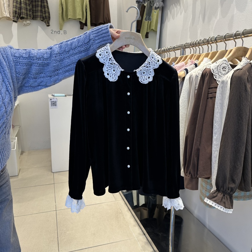 2nd B-S東大門㊣實拍女裝新品熱賣時尚人氣襯衫蕾絲衫天鵝絨2nd B-S襯衫/蕾絲衫圖色1