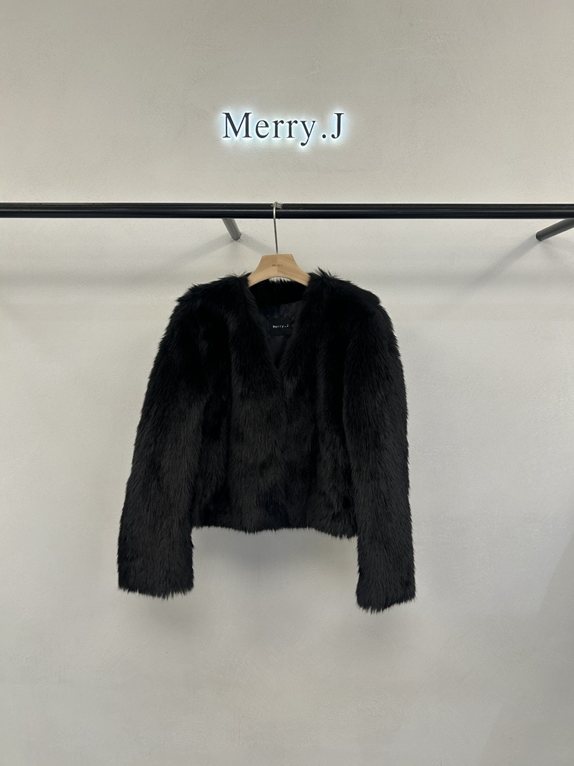 MERRY-J韓國代購㊣女裝新款人氣熱賣時尚25秋冬短款大衣V領皮草MERRY-J短款大衣圖色3