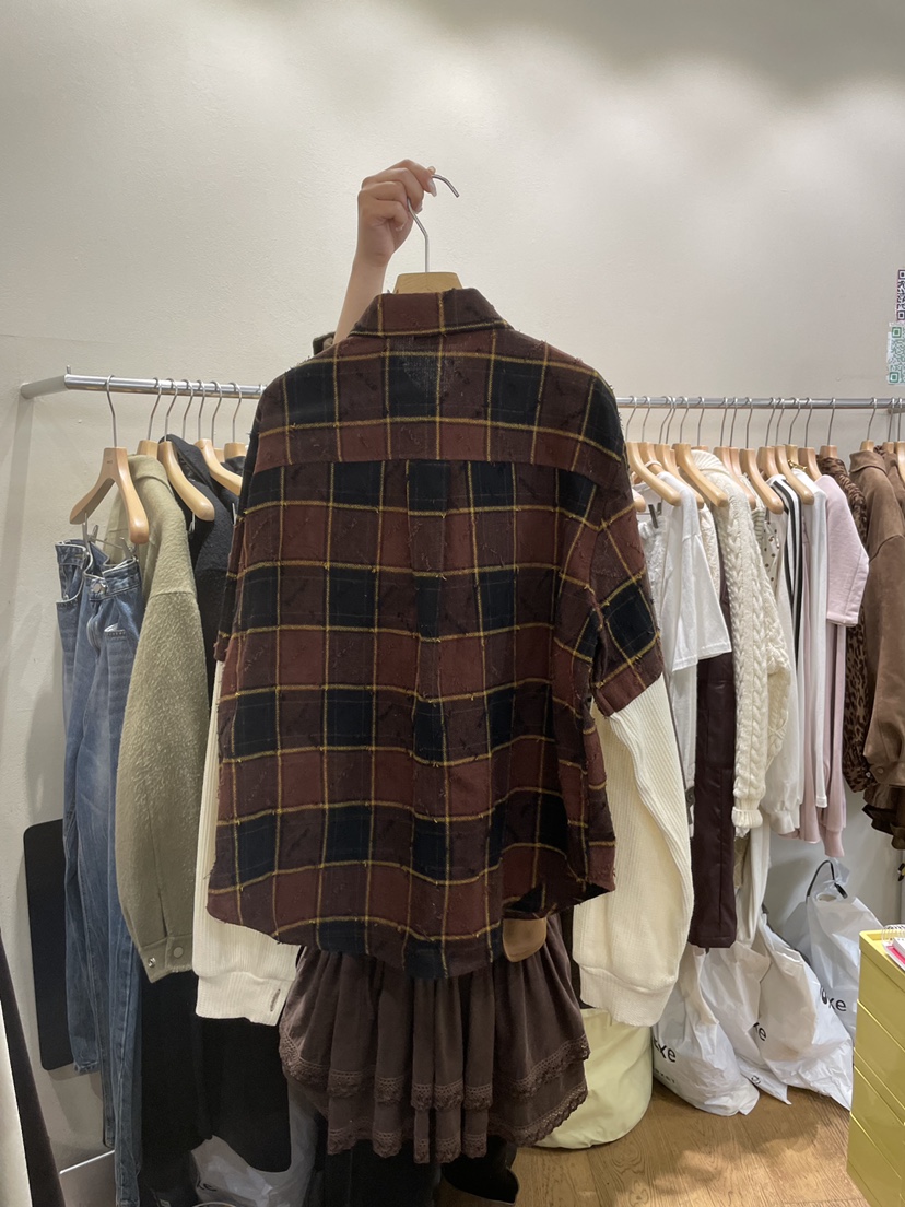 AUVERFIT東大門㊣代購女士新款職業襯衫蕾絲衫假兩件華夫格格紋AUVERFIT襯衫/蕾絲衫