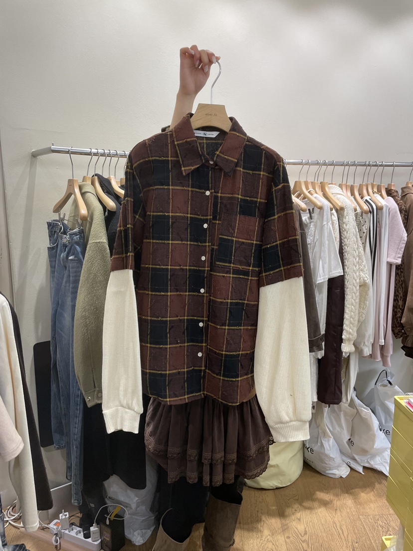 AUVERFIT東大門㊣代購女士新款職業襯衫蕾絲衫假兩件華夫格格紋AUVERFIT襯衫/蕾絲衫圖色1