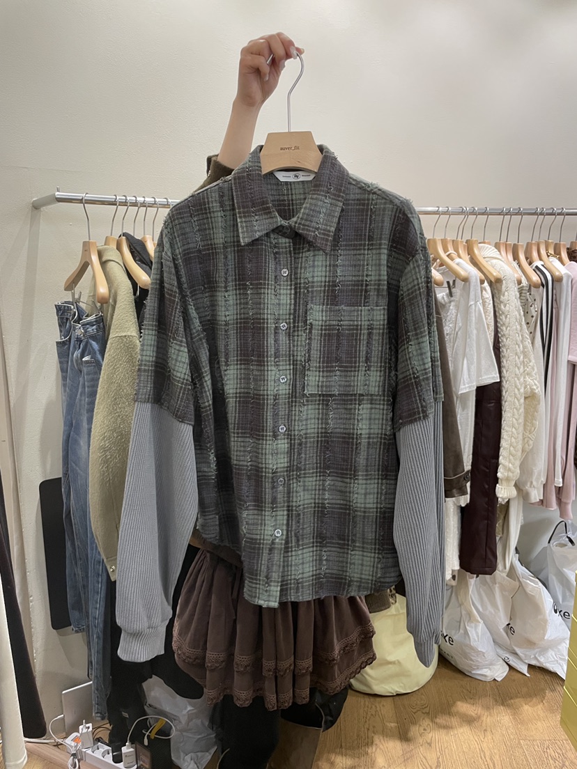 AUVERFIT東大門㊣代購女士新款職業襯衫蕾絲衫假兩件華夫格格紋AUVERFIT襯衫/蕾絲衫圖色2