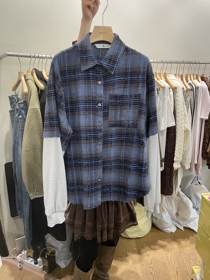 AUVERFIT東大門㊣代購女士新款職業襯衫蕾絲衫假兩件華夫格格紋AUVERFIT襯衫/蕾絲衫圖色3