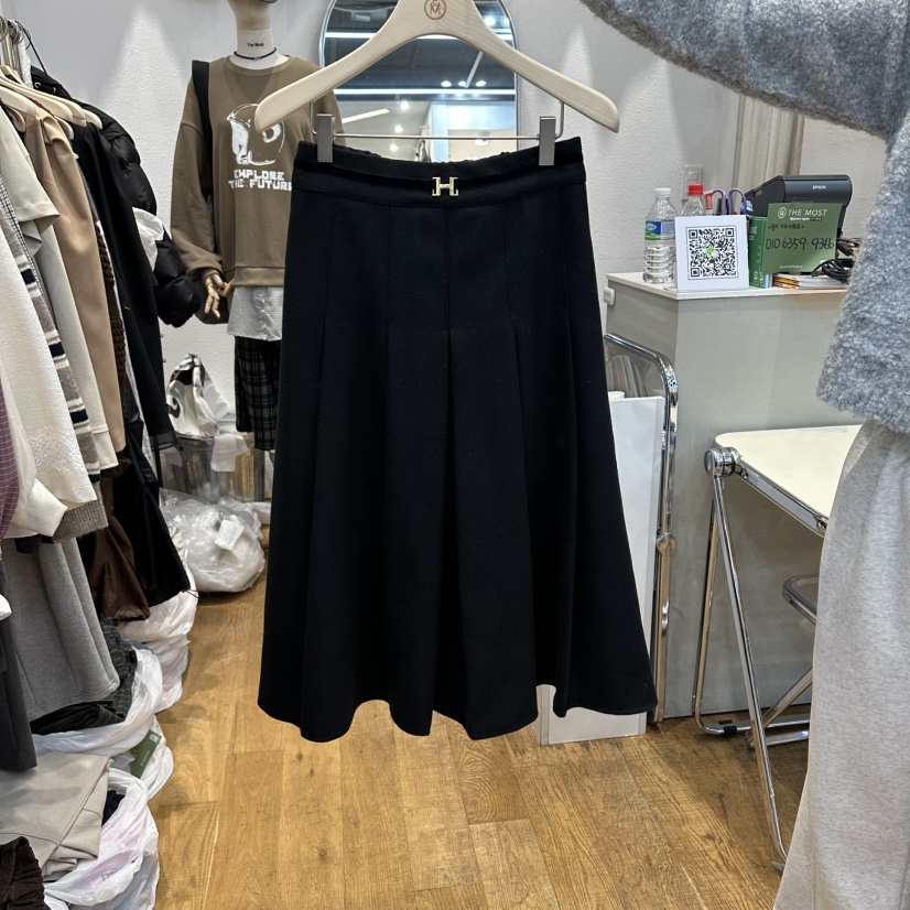 THE MOST-Q韓國直郵㊣女士新品休閑熱賣職業長裙羊毛腰帶THE MOST長裙圖色3黑色