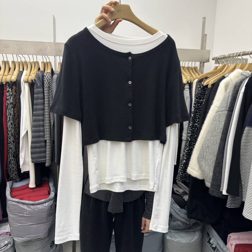 SPECIAL東大門㊣直郵女裝新品職業25秋冬長袖T恤假兩件開衫SPECIAL長袖T恤圖色2