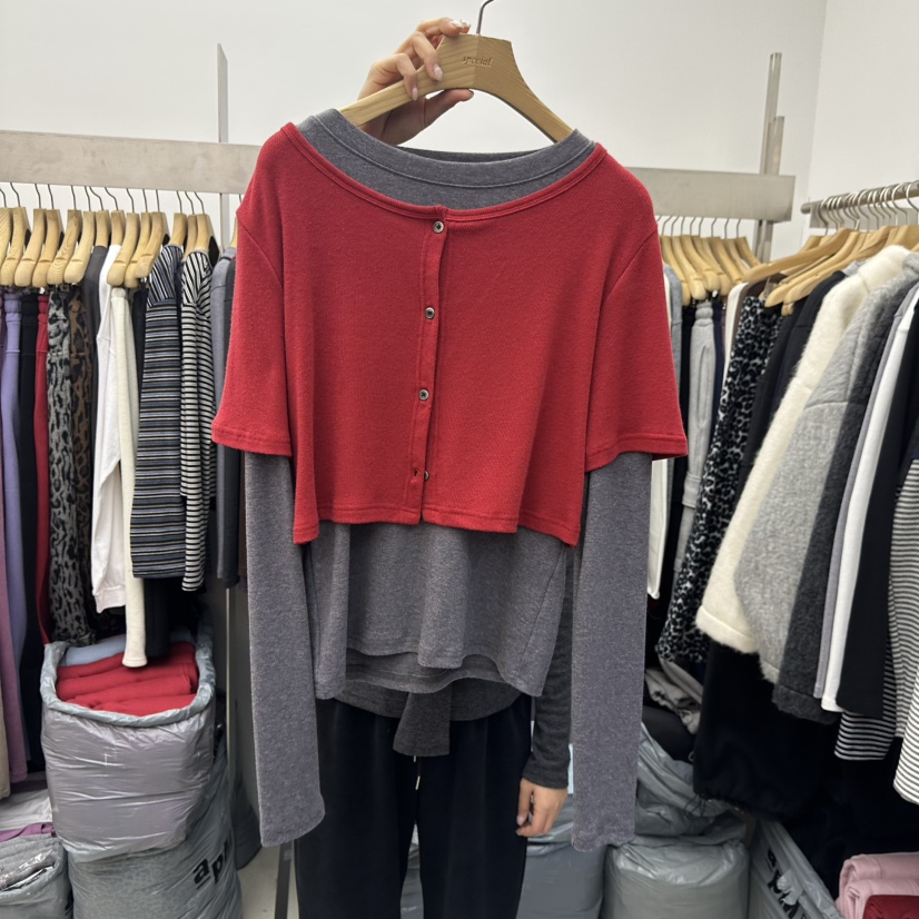 SPECIAL東大門㊣直郵女裝新品職業25秋冬長袖T恤假兩件開衫SPECIAL長袖T恤圖色3