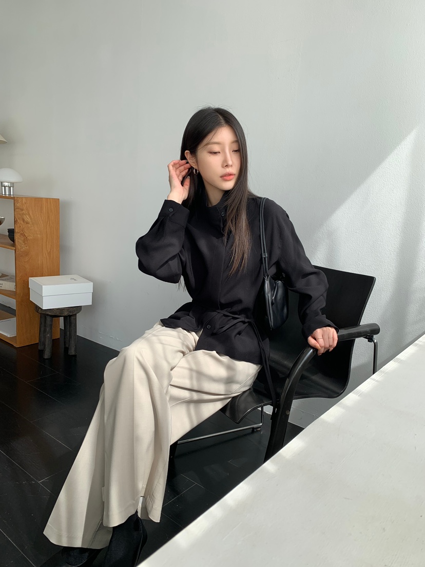 aube nunt東大門㊣代購女士新款休閑25秋冬襯衫蕾絲衫含腰繩aube nunt襯衫/蕾絲衫