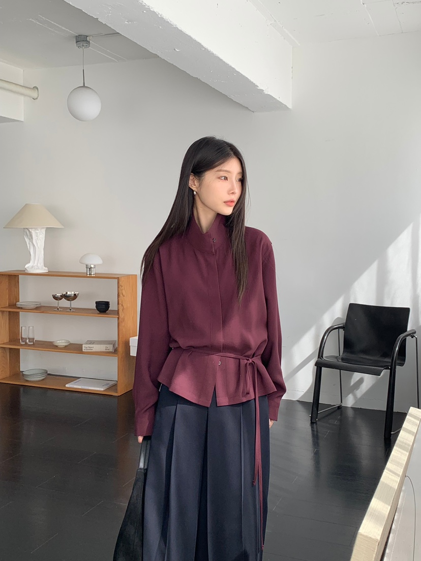 aube nunt東大門㊣代購女士新款休閑25秋冬襯衫蕾絲衫含腰繩aube nunt襯衫/蕾絲衫圖色2