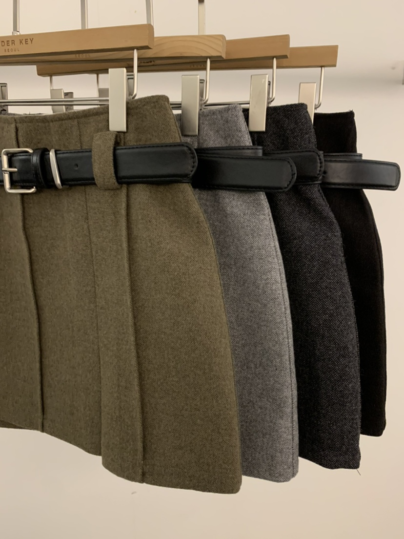 UNDER KEY東大門㊣直郵女裝新款休閑推薦短裙含腰帶羊毛褶裥UNDER KEY短裙