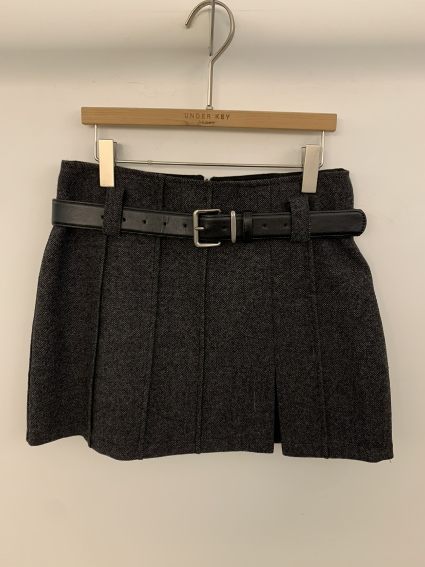 UNDER KEY東大門㊣直郵女裝新款休閑推薦短裙含腰帶羊毛褶裥UNDER KEY短裙圖色2墨色