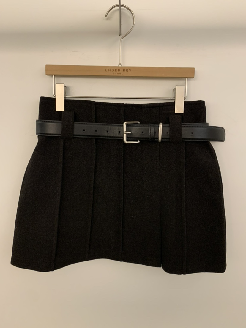 UNDER KEY東大門㊣直郵女裝新款休閑推薦短裙含腰帶羊毛褶裥UNDER KEY短裙圖色3黑色
