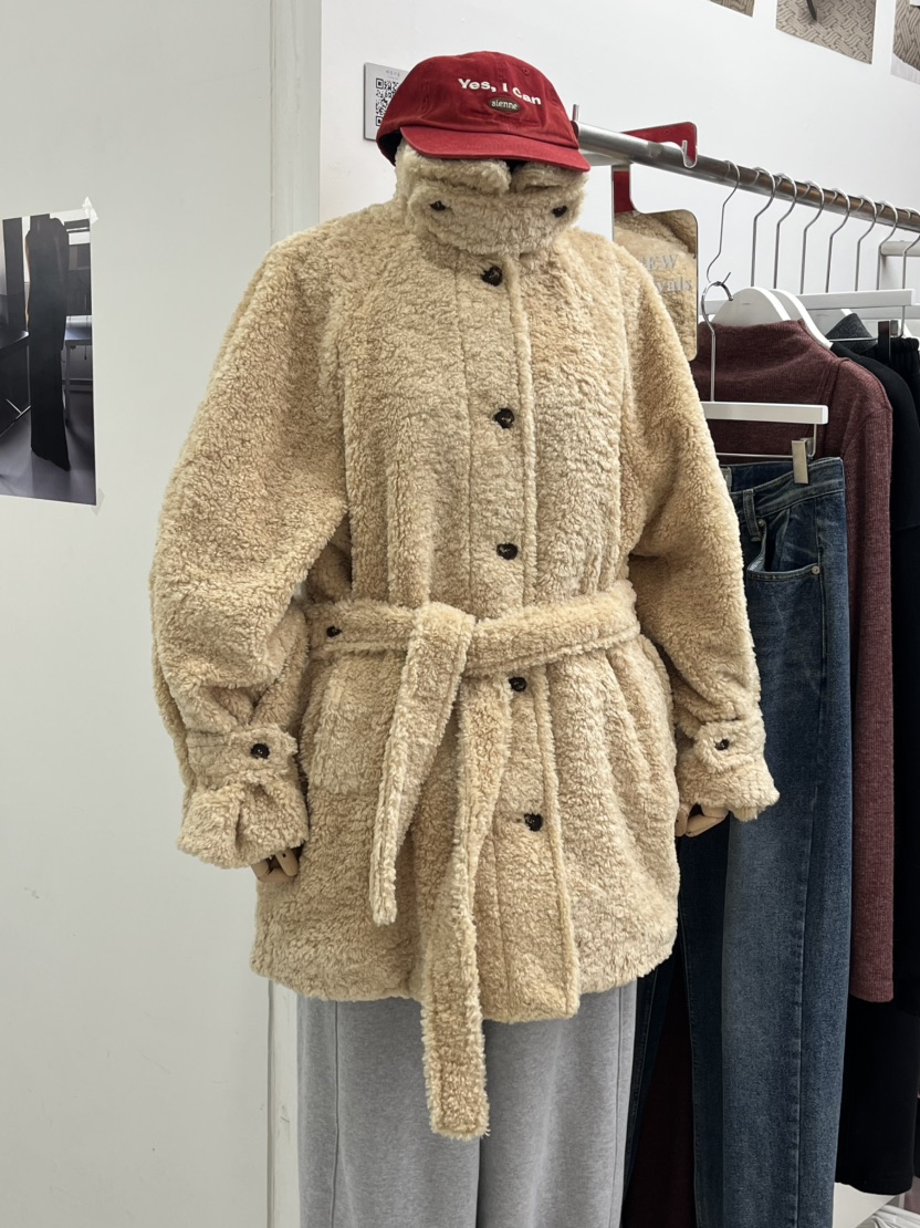 BEAMING SEOUL韓國直郵㊣女士新品25秋冬中長款大衣含腰帶泰迪熊高領BEAMING SEOUL中長款大衣