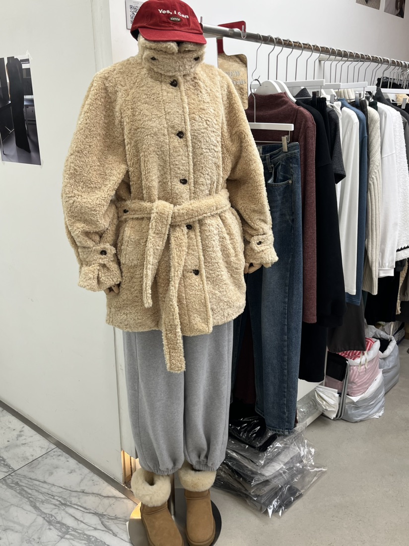 BEAMING SEOUL韓國直郵㊣女士新品25秋冬中長款大衣含腰帶泰迪熊高領BEAMING SEOUL中長款大衣