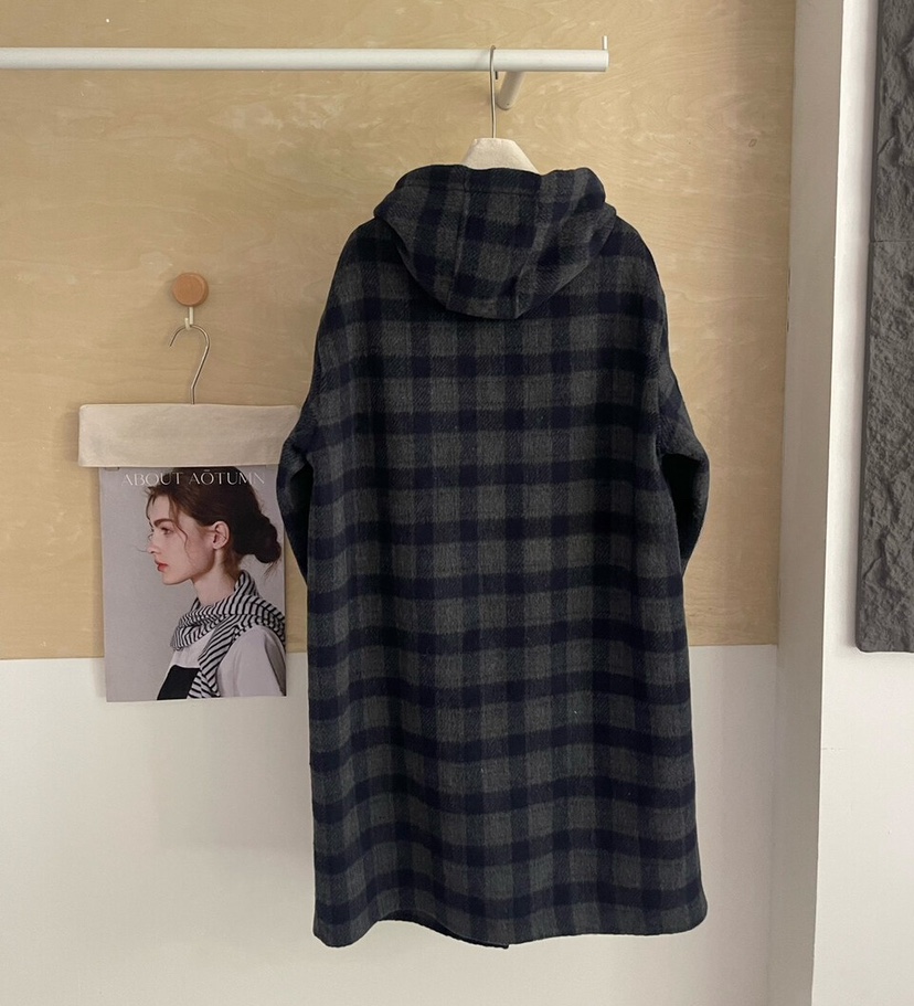 OLA韓國直郵㊣女裝新款時尚熱賣真品中長款大衣連帽衫羊毛格子mellor/OLA中長款大衣
