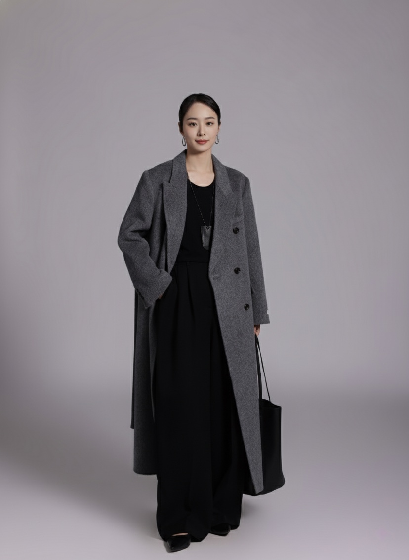 HER東大門㊣實拍女裝新品休閑人氣推薦真品中長款大衣含腰帶HANNA21中長款大衣