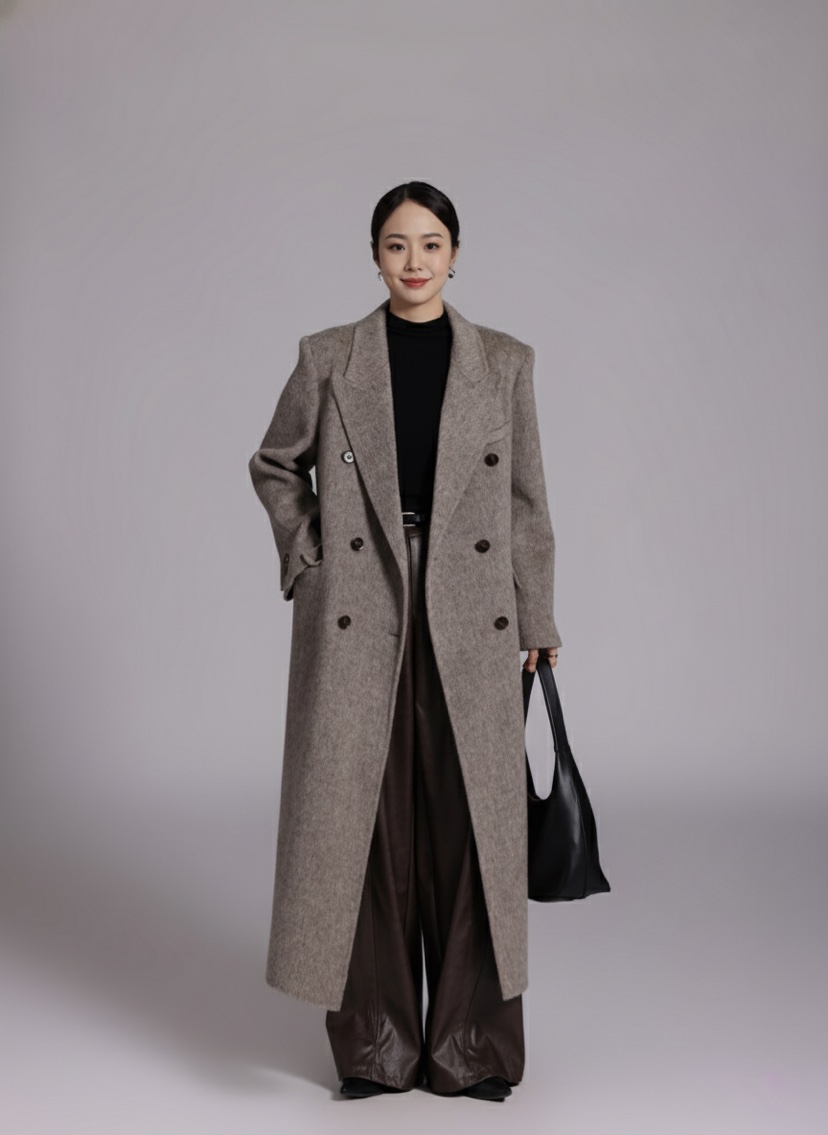 HER東大門㊣實拍女裝新品休閑人氣推薦真品中長款大衣含腰帶HANNA21中長款大衣