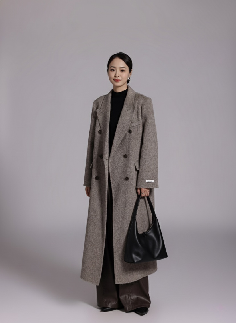 HER東大門㊣實拍女裝新品休閑人氣推薦真品中長款大衣含腰帶HANNA21中長款大衣