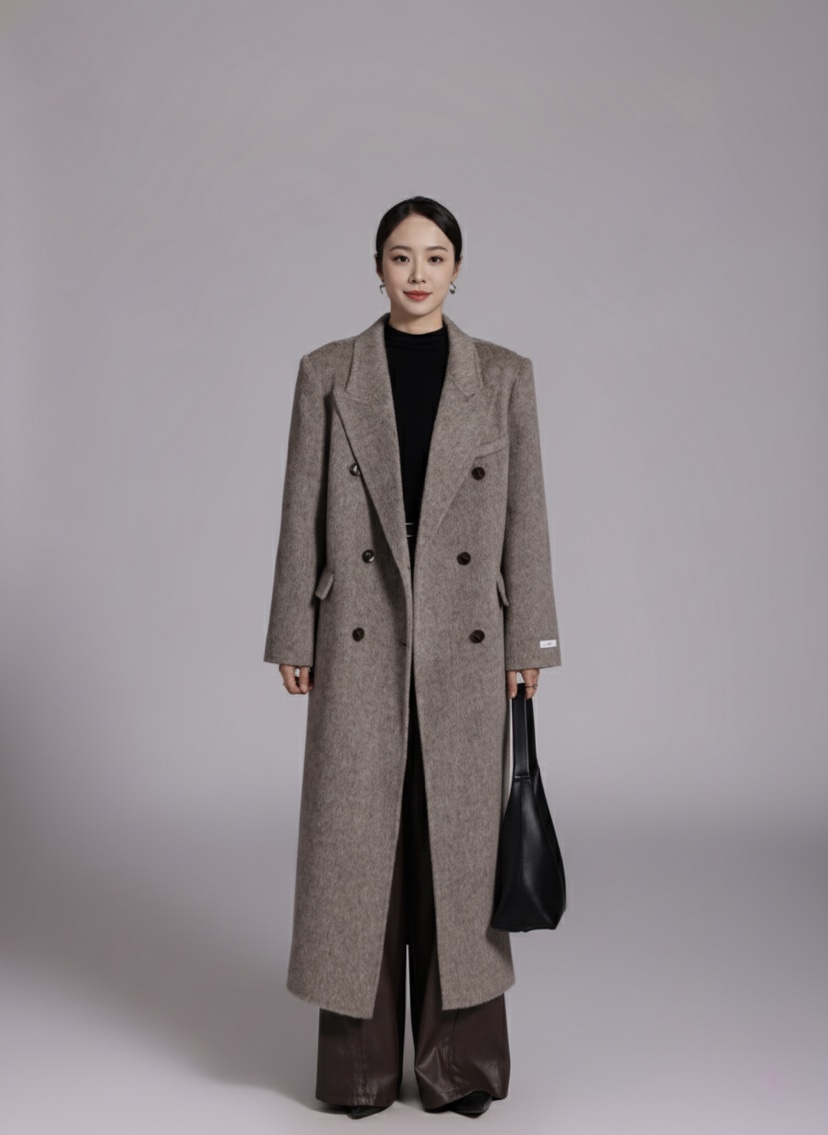 HER東大門㊣實拍女裝新品休閑人氣推薦真品中長款大衣含腰帶HANNA21中長款大衣