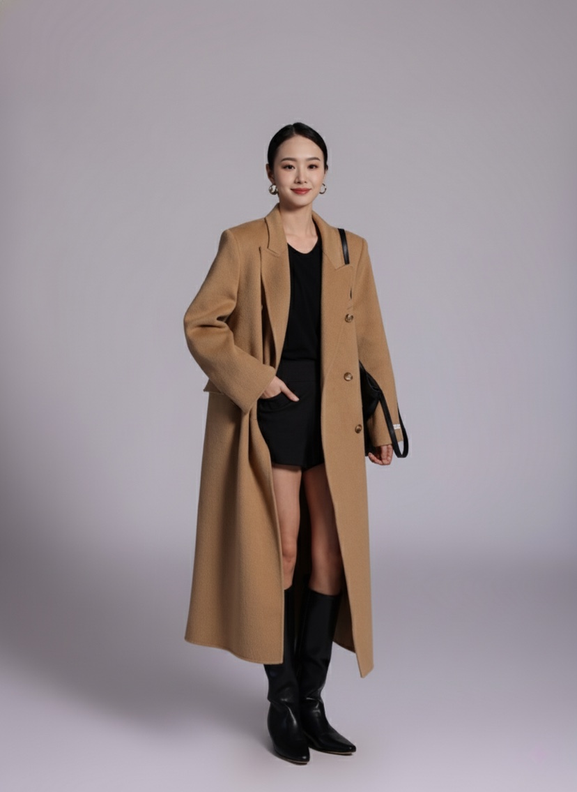 HER東大門㊣實拍女裝新品休閑人氣推薦真品中長款大衣含腰帶HANNA21中長款大衣