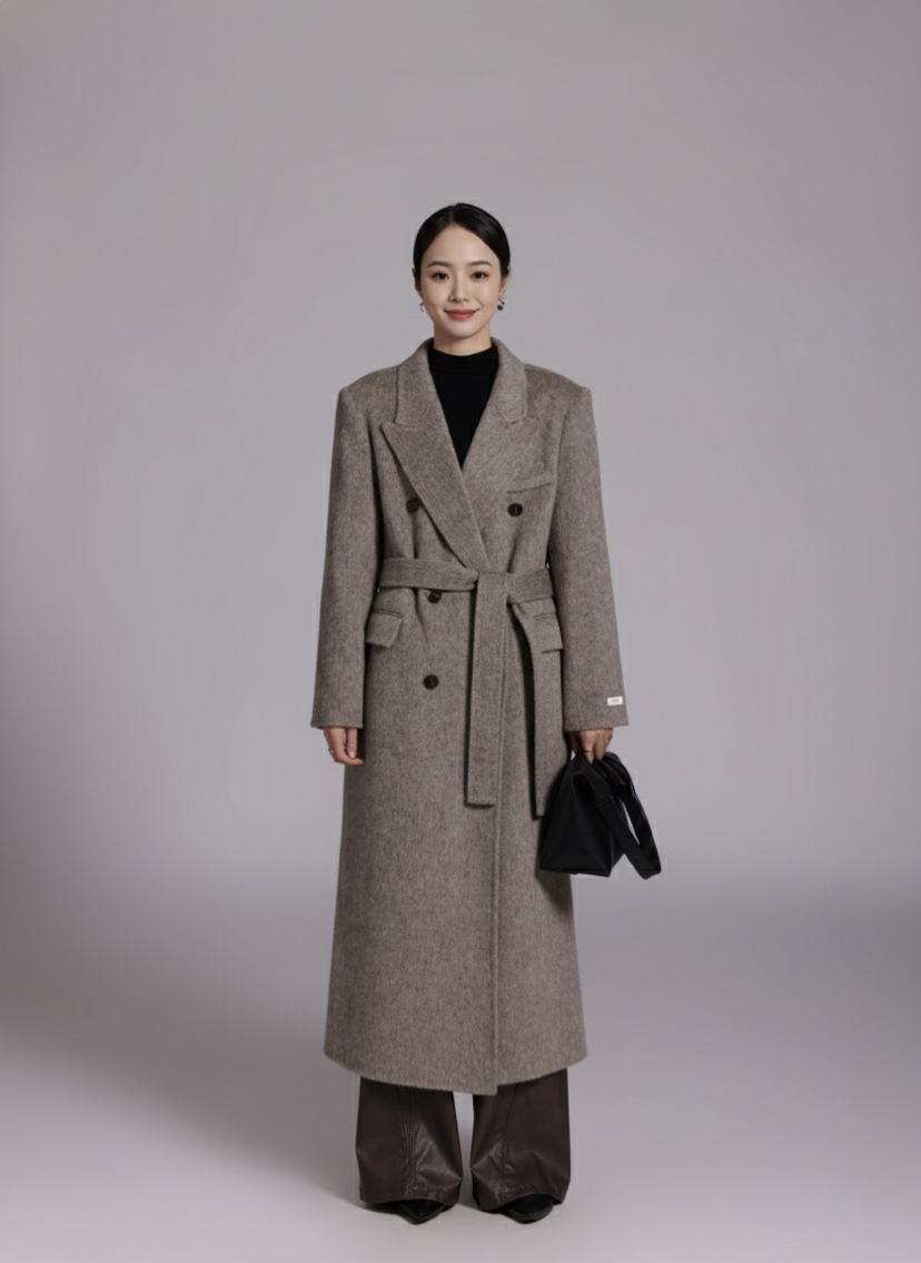 HER東大門㊣實拍女裝新品休閑人氣推薦真品中長款大衣含腰帶HANNA21中長款大衣圖色2