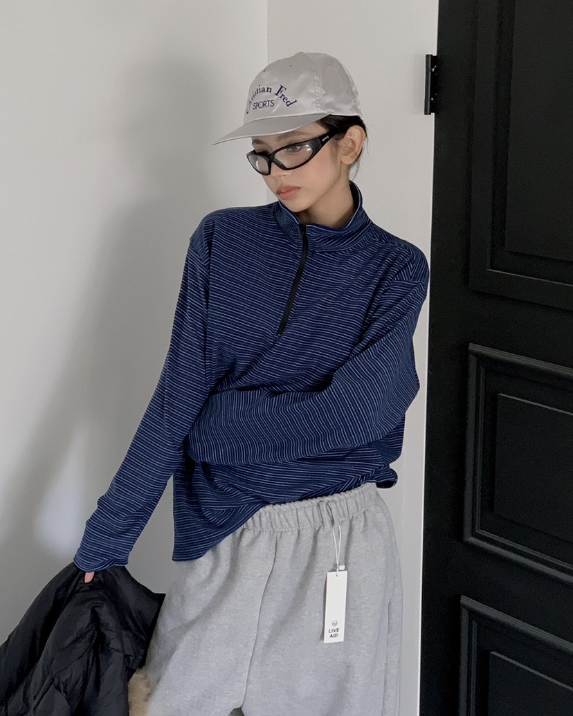 LIVE AID-P東大門㊣代購女裝新品休閑人氣時尚長袖T恤拉鏈LIVE AID-P長袖T恤