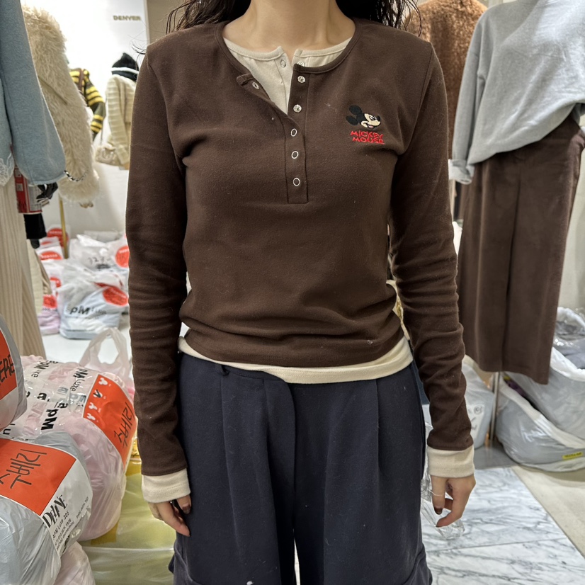 DE LINE韓國直郵㊣女士新款時尚人氣推薦職業真品長袖T恤紐扣DE LINE長袖T恤圖色2