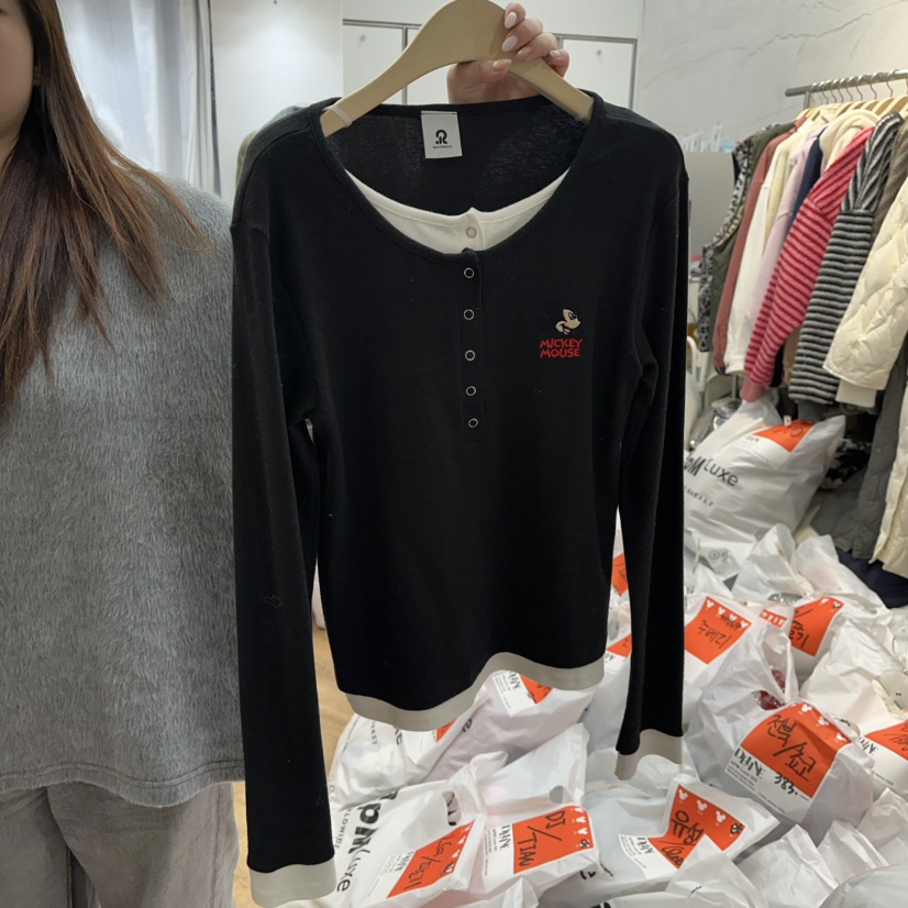 DE LINE韓國直郵㊣女士新款時尚人氣推薦職業真品長袖T恤紐扣DE LINE長袖T恤圖色3黑色