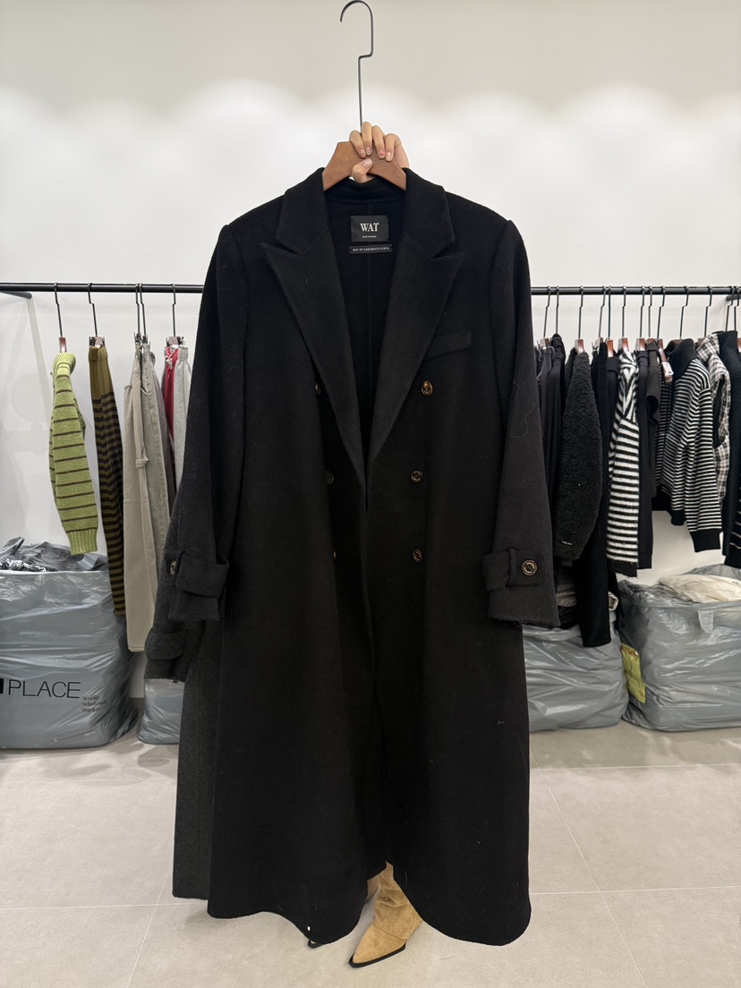 WATERMELON韓國代購㊣女士新款人氣時尚熱賣中長款大衣雙層WATER MELON中長款大衣圖色2黑色