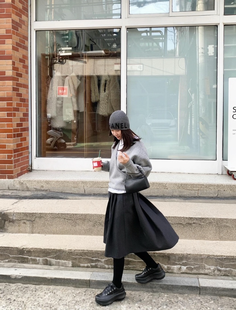 COURGETTE韓國代購㊣女裝新款25秋冬時尚半身裙中短裙羊毛褶裙COURGETTE半身裙/中短裙