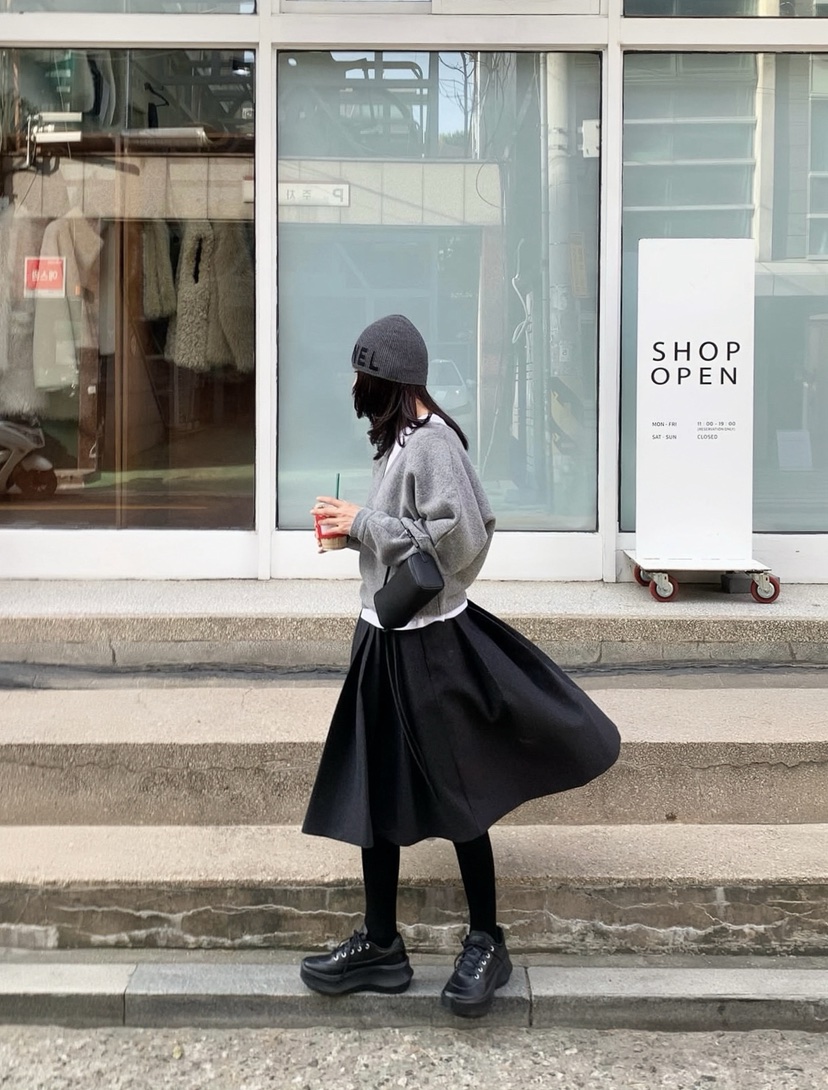 COURGETTE韓國代購㊣女裝新款25秋冬時尚半身裙中短裙羊毛褶裙COURGETTE半身裙/中短裙