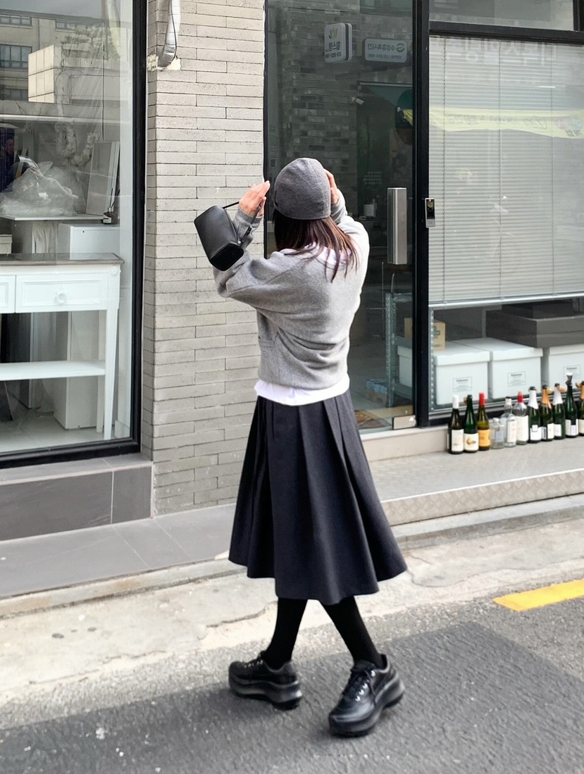 COURGETTE韓國代購㊣女裝新款25秋冬時尚半身裙中短裙羊毛褶裙COURGETTE半身裙/中短裙