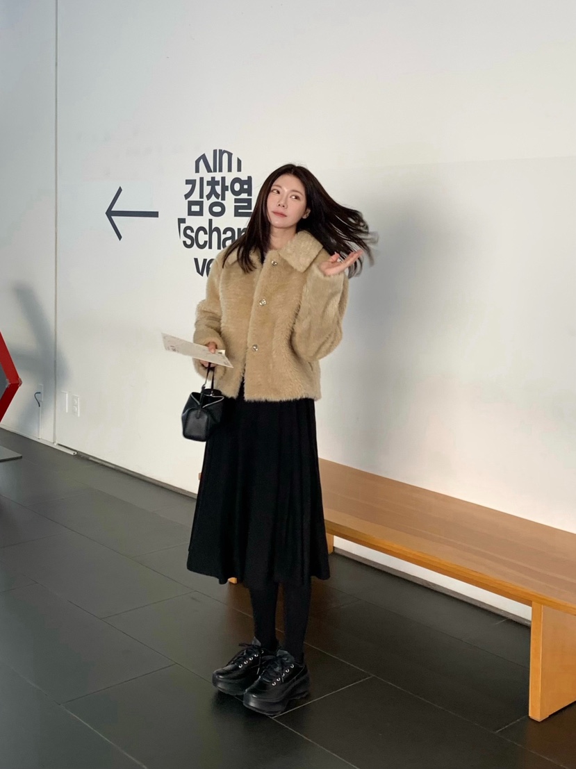 COURGETTE韓國代購㊣女裝新款25秋冬時尚半身裙中短裙羊毛褶裙COURGETTE半身裙/中短裙