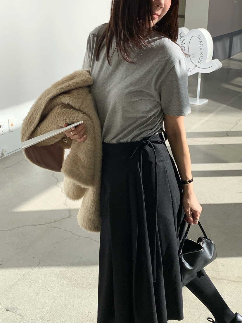 COURGETTE韓國代購㊣女裝新款25秋冬時尚半身裙中短裙羊毛褶裙COURGETTE半身裙/中短裙