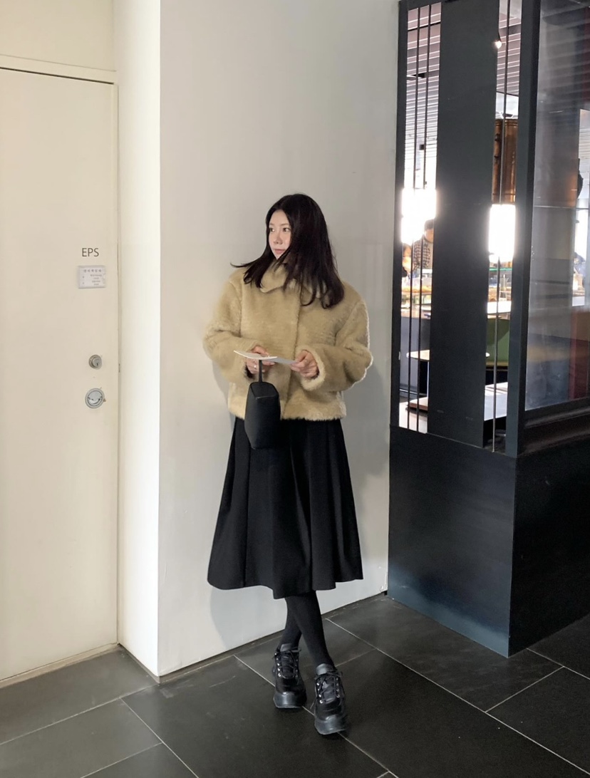 COURGETTE韓國代購㊣女裝新款25秋冬時尚半身裙中短裙羊毛褶裙COURGETTE半身裙/中短裙