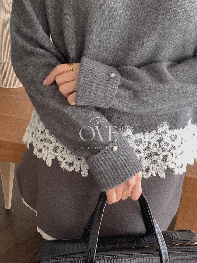 OVE東大門㊣直郵女裝新品真品推薦時尚25秋冬休閑針織衫蕾絲OVE針織衫