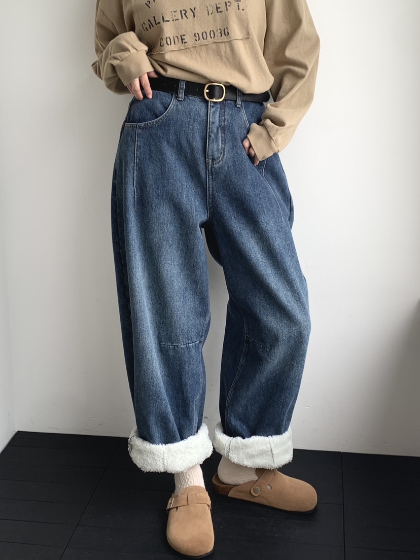 DAVICHI東大門㊣代購女裝新款人氣時尚牛仔褲含隨機腰帶加絨DAVICHI牛仔褲