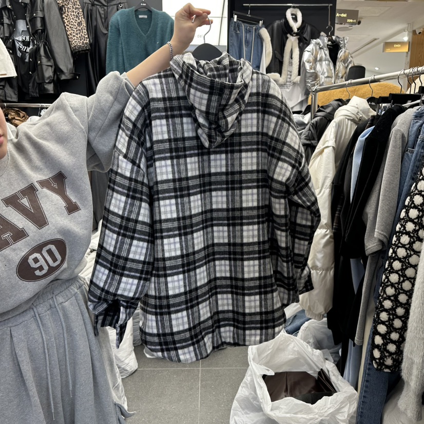 A-DEL東大門㊣直郵女士新款25秋冬推薦夾克連帽衫格子夾棉A-DEL夾克