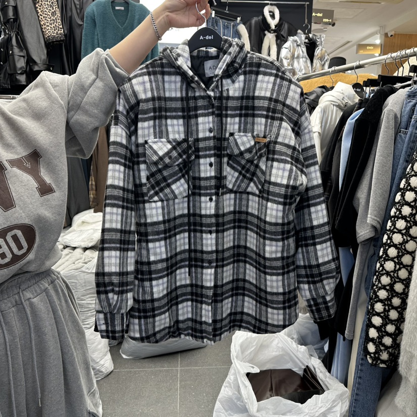 A-DEL東大門㊣直郵女士新款25秋冬推薦夾克連帽衫格子夾棉A-DEL夾克圖色1