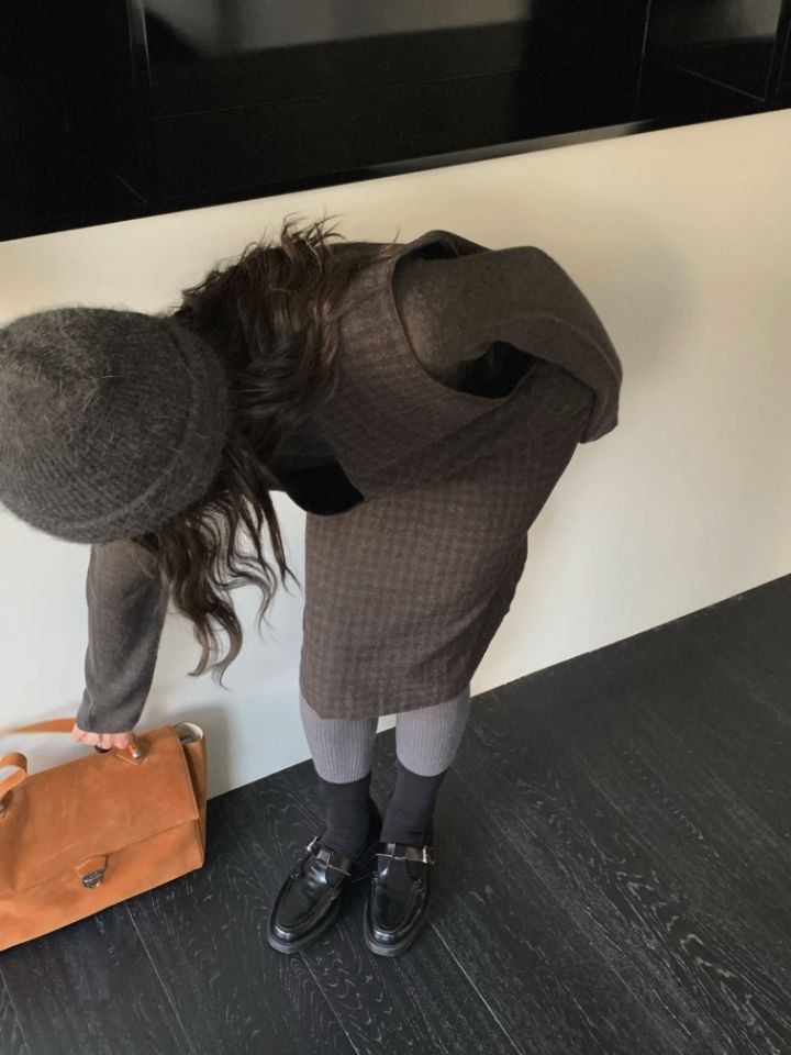 MARE韓國代購㊣女裝新品25秋冬時尚連衣裙不含內搭V領羊毛格紋MARE連衣裙