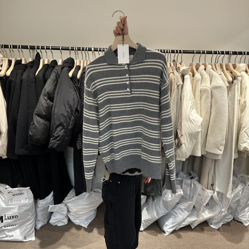 LE BUTTER韓國代購㊣女裝新款職業真品25秋冬熱賣針織衫羊毛LE BUTTER針織衫圖色1灰白