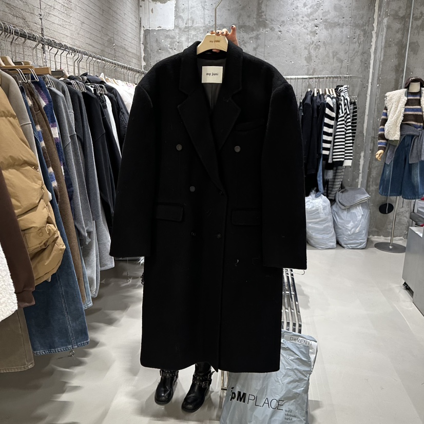 JUNI韓國代購㊣女裝新品推薦職業時尚人氣中長款大衣涂層雙層my juni中長款大衣圖色2黑色