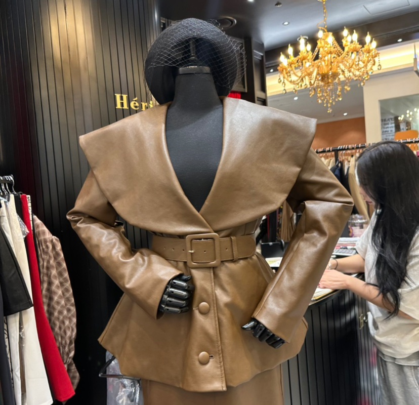 HERISH東大門㊣代購女裝新品推薦休閑真品時尚25秋冬皮衣含腰帶Herish皮衣圖色1