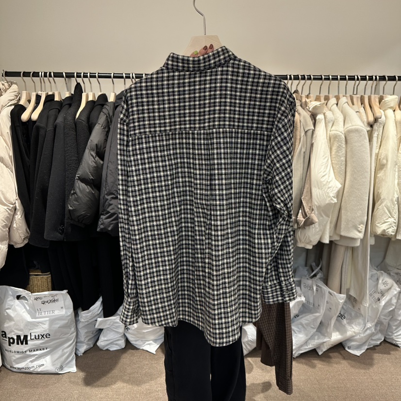 LE BUTTER東大門㊣實拍女裝新款25秋冬襯衫蕾絲衫口袋格子LE BUTTER襯衫/蕾絲衫