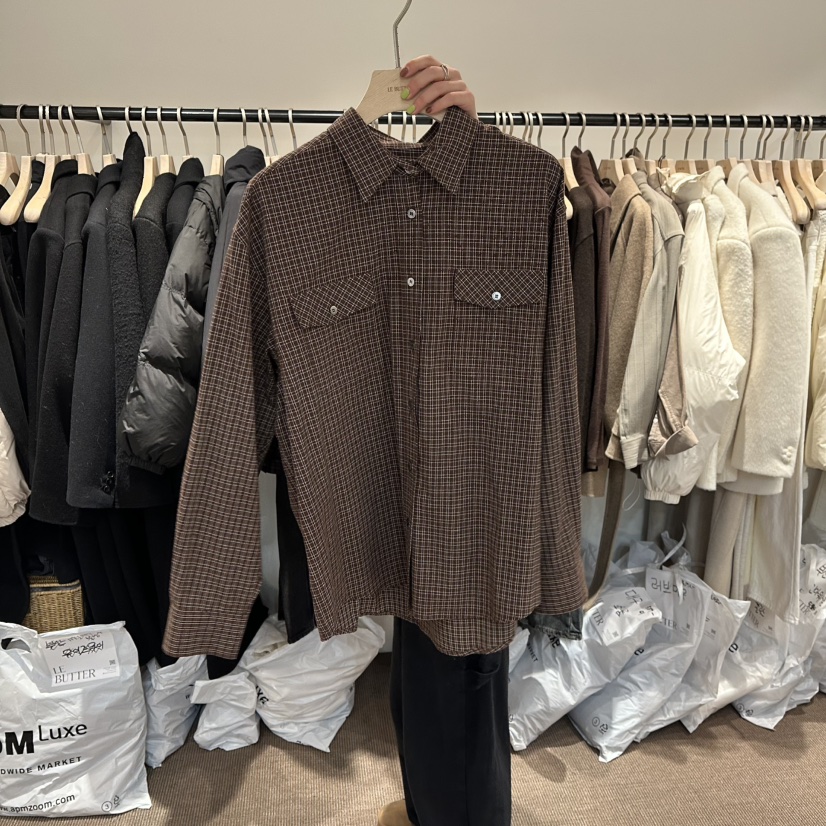 LE BUTTER東大門㊣實拍女裝新款25秋冬襯衫蕾絲衫口袋格子LE BUTTER襯衫/蕾絲衫圖色1