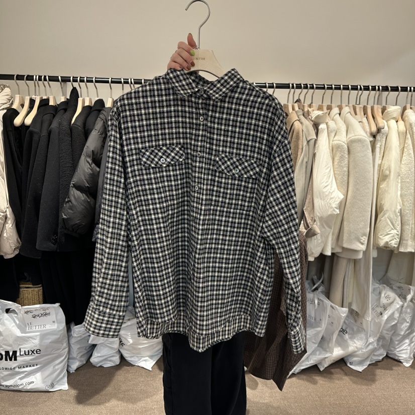 LE BUTTER東大門㊣實拍女裝新款25秋冬襯衫蕾絲衫口袋格子LE BUTTER襯衫/蕾絲衫圖色2