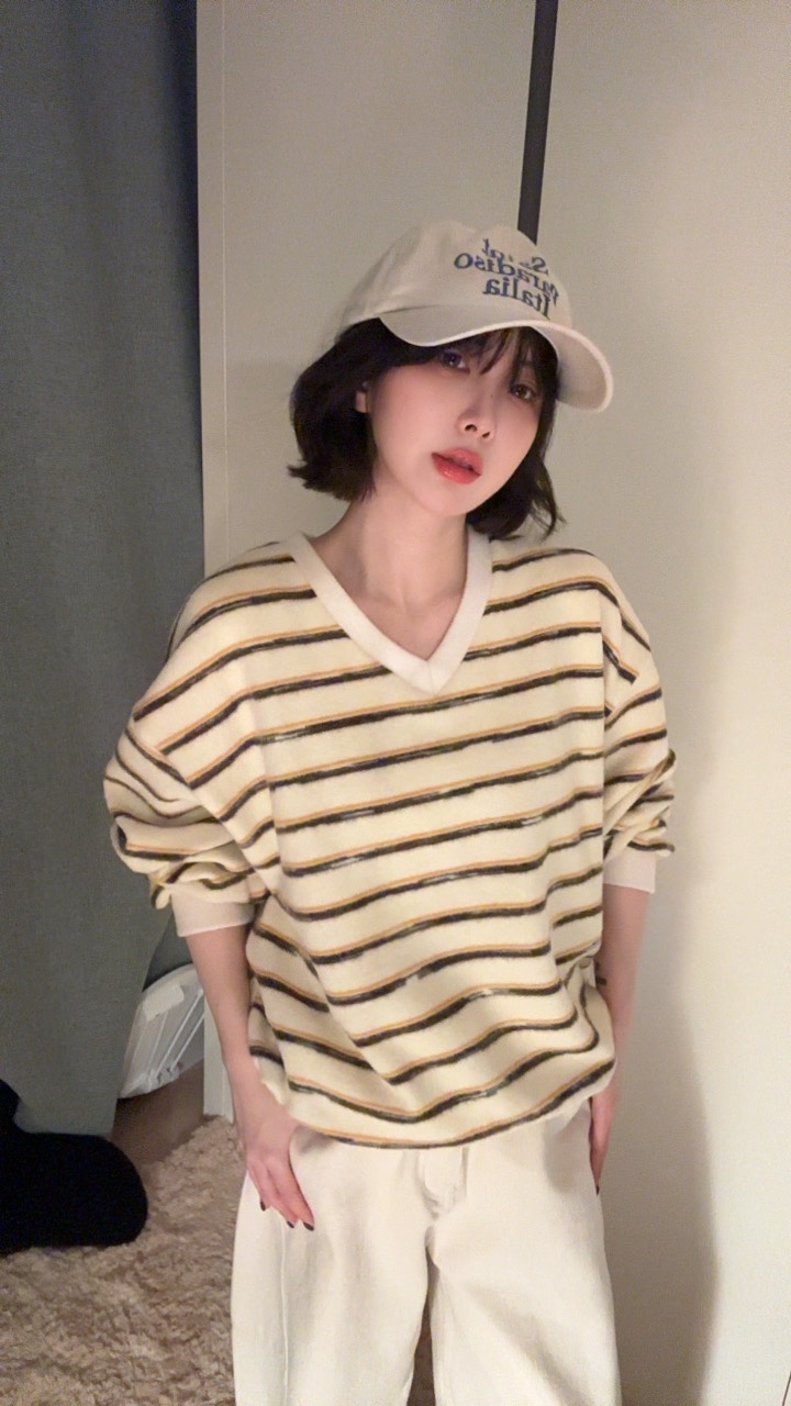 LUMIPLE東大門㊣實拍女裝新款熱賣人氣25秋冬時尚衛衣加絨條紋LUMIPLE衛衣