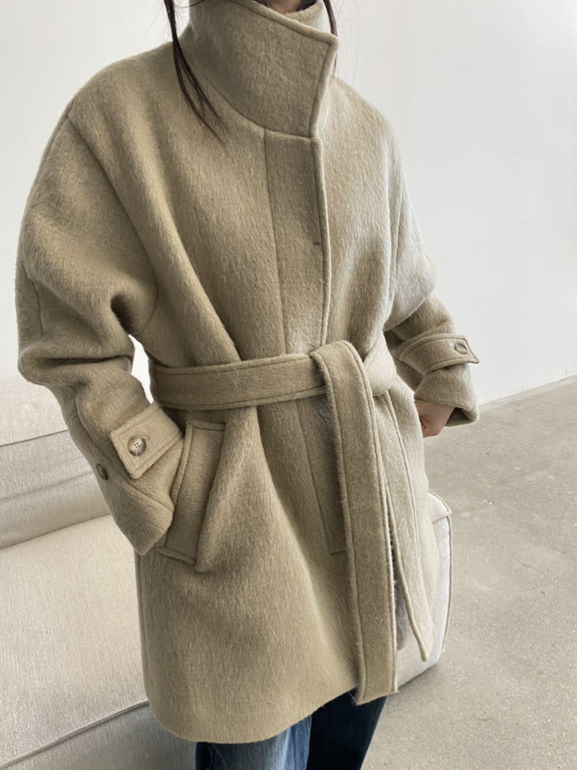 COCOMATON韓國代購㊣女士新品時尚熱賣休閑短款大衣含腰帶羊駝COCOMATON短款大衣