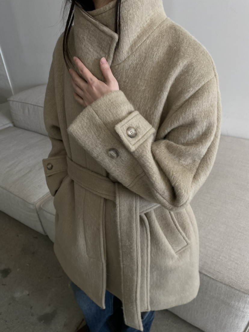 COCOMATON韓國代購㊣女士新品時尚熱賣休閑短款大衣含腰帶羊駝COCOMATON短款大衣