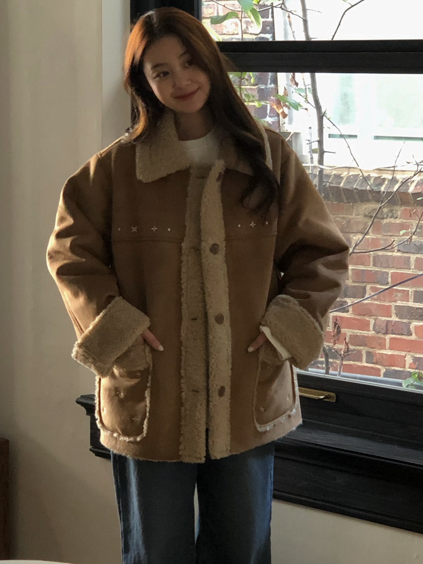 ONDO-P韓國直郵㊣女裝新款人氣熱賣推薦休閑25秋冬短款大衣刺繡ONDO-P短款大衣