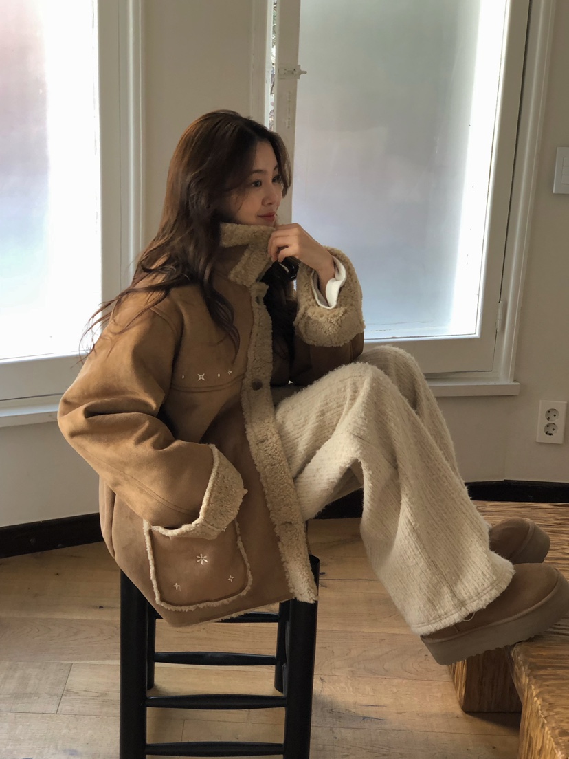 ONDO-P韓國直郵㊣女裝新款人氣熱賣推薦休閑25秋冬短款大衣刺繡ONDO-P短款大衣